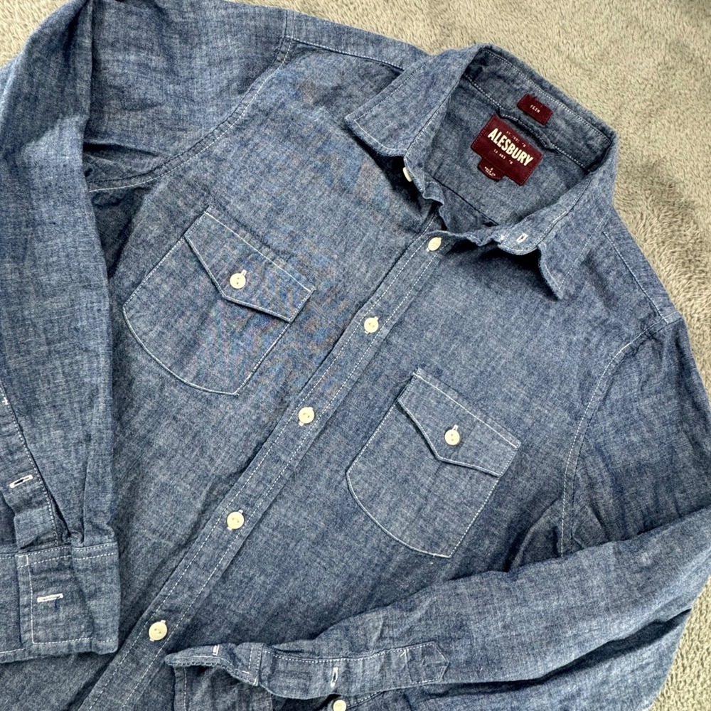 Alesbury Chambray Shirt Mens Small Blue Excellent Slim Fit Long Sleeve Button Up